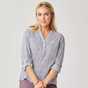 Carve Designs 100% Organic Cotton Navy Striped Button Down | Women's Medium